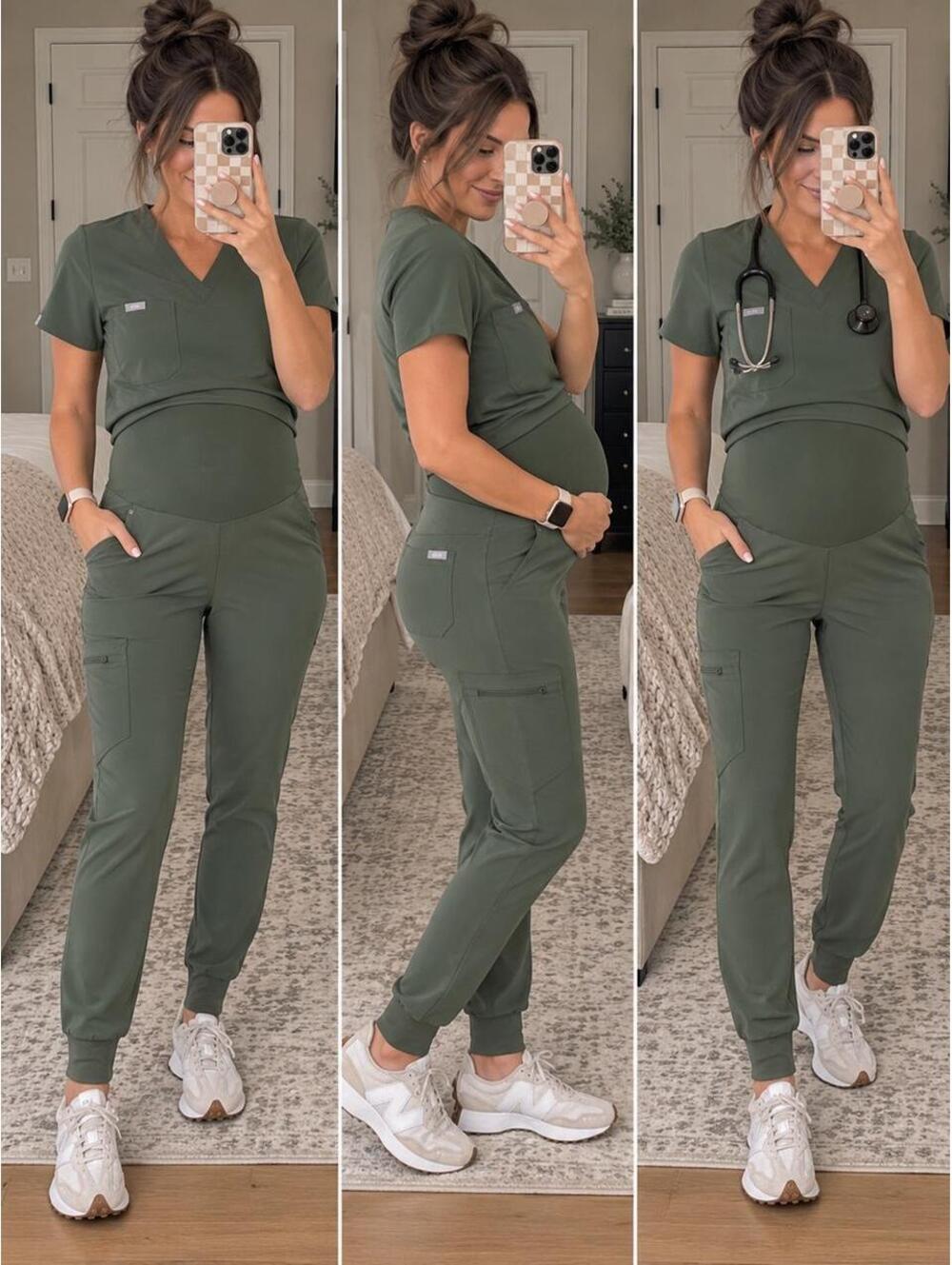 Figs Size Small Tall Maternity Jogger Scrub with Small Top Moss Color